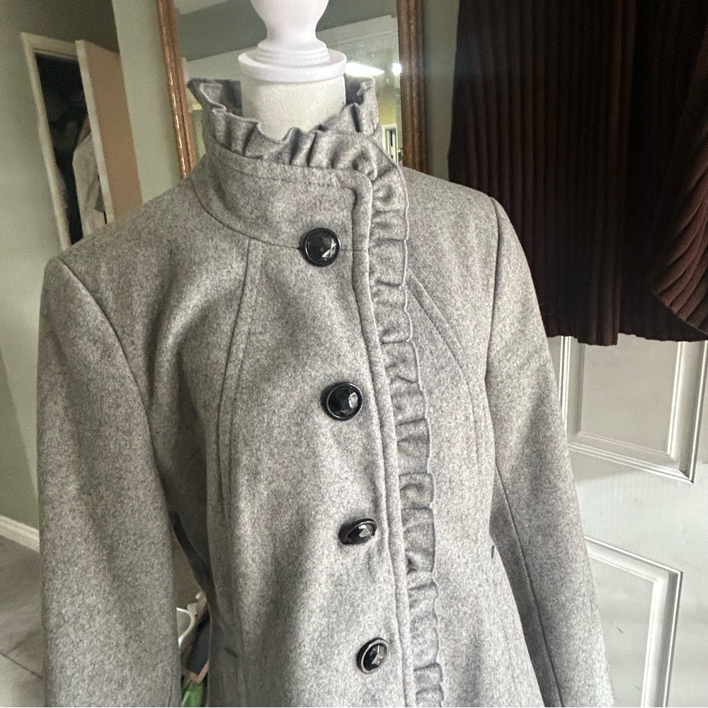 Covington Gray Women's Trench Coat with Ruffle Detail